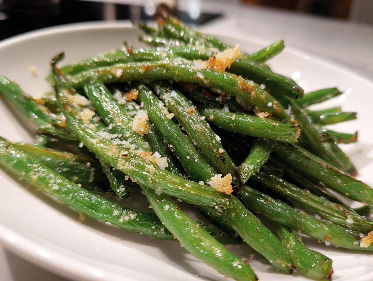 Close-up of bright green beans roasted and topped with grated Parmesan cheese and seasoning.