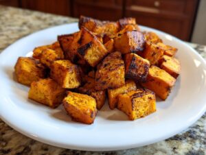 A close-up of perfectly seasoned and caramelized roasted sweet potato cubes piled high on a white plate.