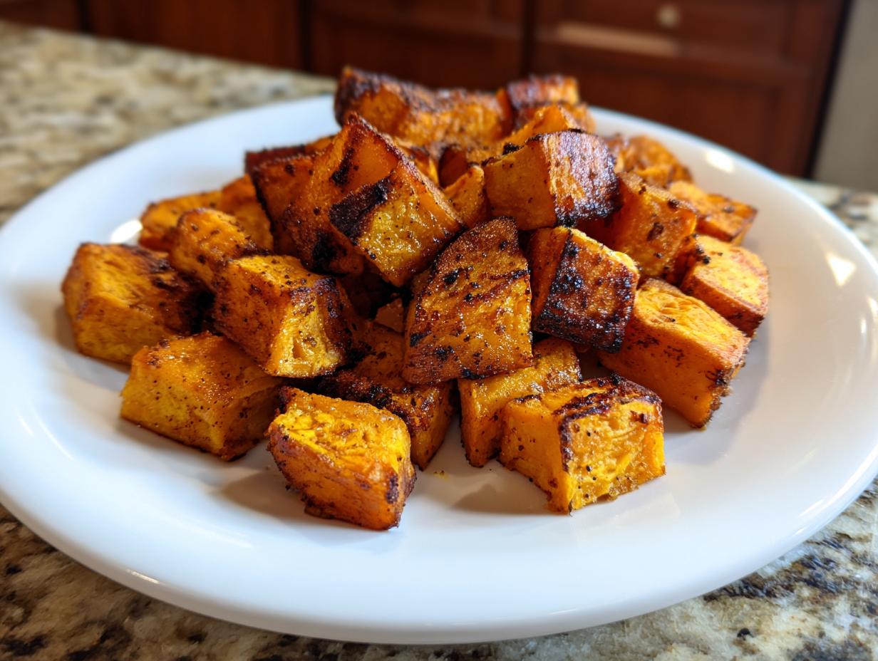 A close-up of perfectly seasoned and caramelized roasted sweet potato cubes piled high on a white plate.