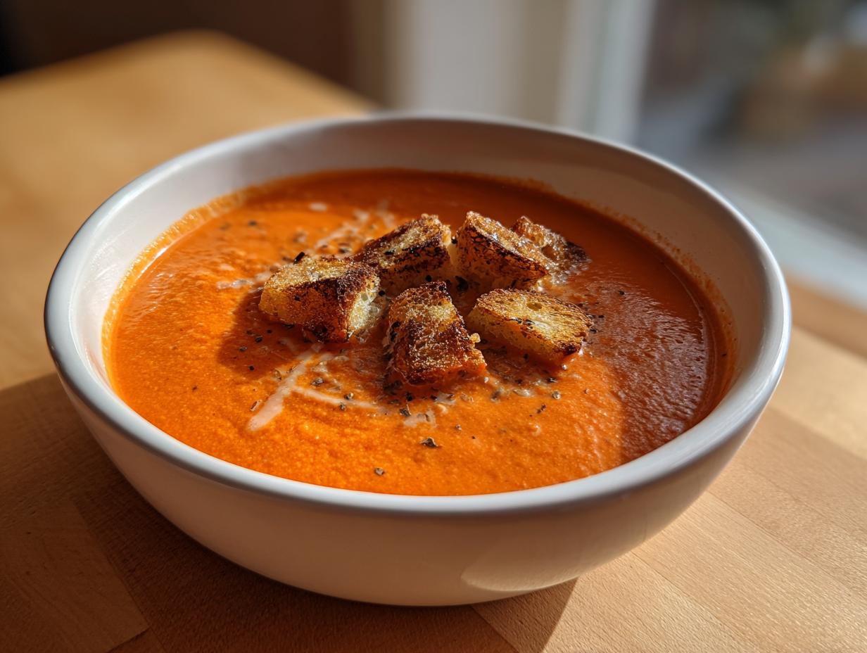 A close-up of a white bowl filled with creamy roasted tomato soup, topped with golden croutons and herbs.