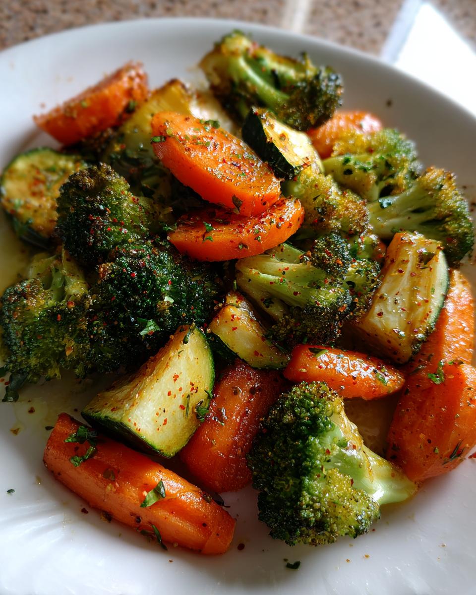 A close-up shot of vibrant roasted vegetables, including broccoli, carrots, and zucchini, seasoned with herbs and spices.