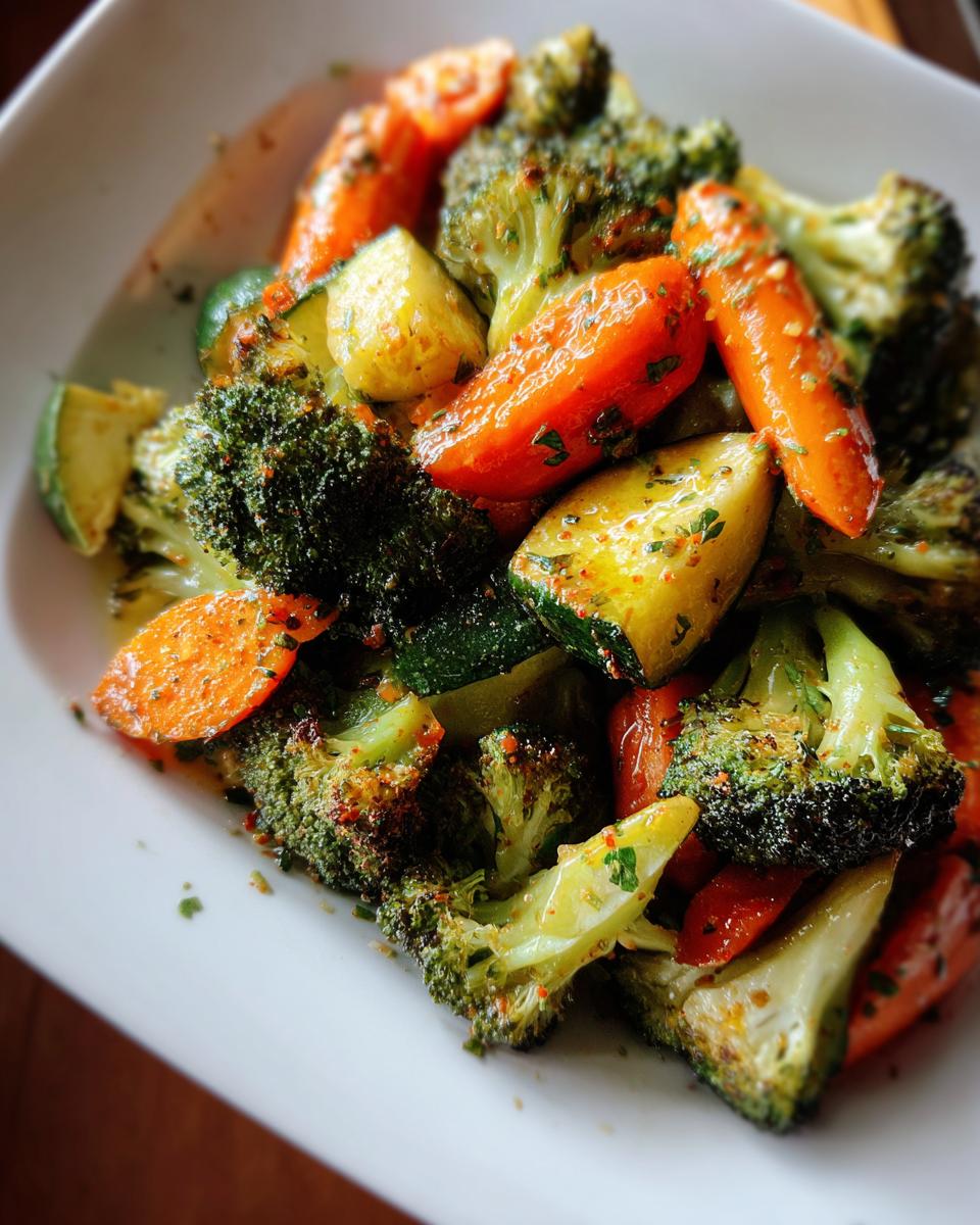 A close-up of vibrant roasted vegetables including broccoli florets, sliced carrots, and zucchini, seasoned with herbs.