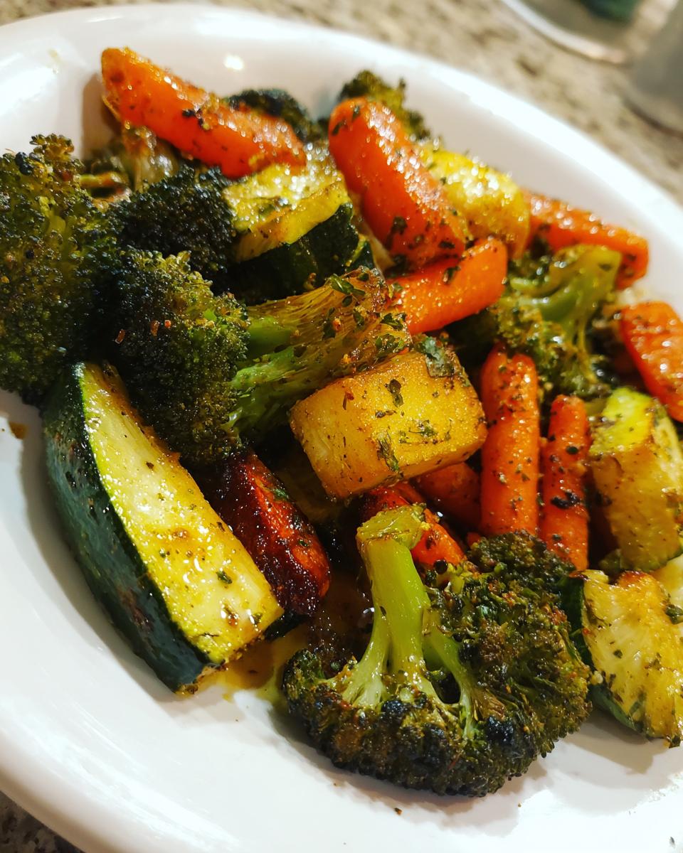 Close-up of seasoned roasted vegetables including broccoli, carrots, zucchini, and potatoes.