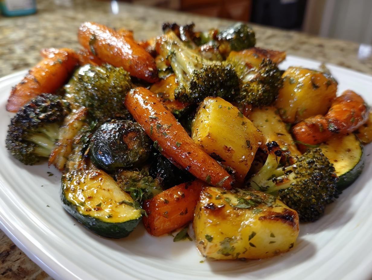 A close-up of perfectly cooked roasted vegetables, including carrots, potatoes, broccoli, and zucchini, glistening with herbs.