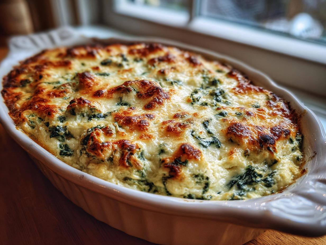 Close-up of a baked spinach artichoke dip with a bubbly, golden-brown cheese crust in a white oval baking dish.