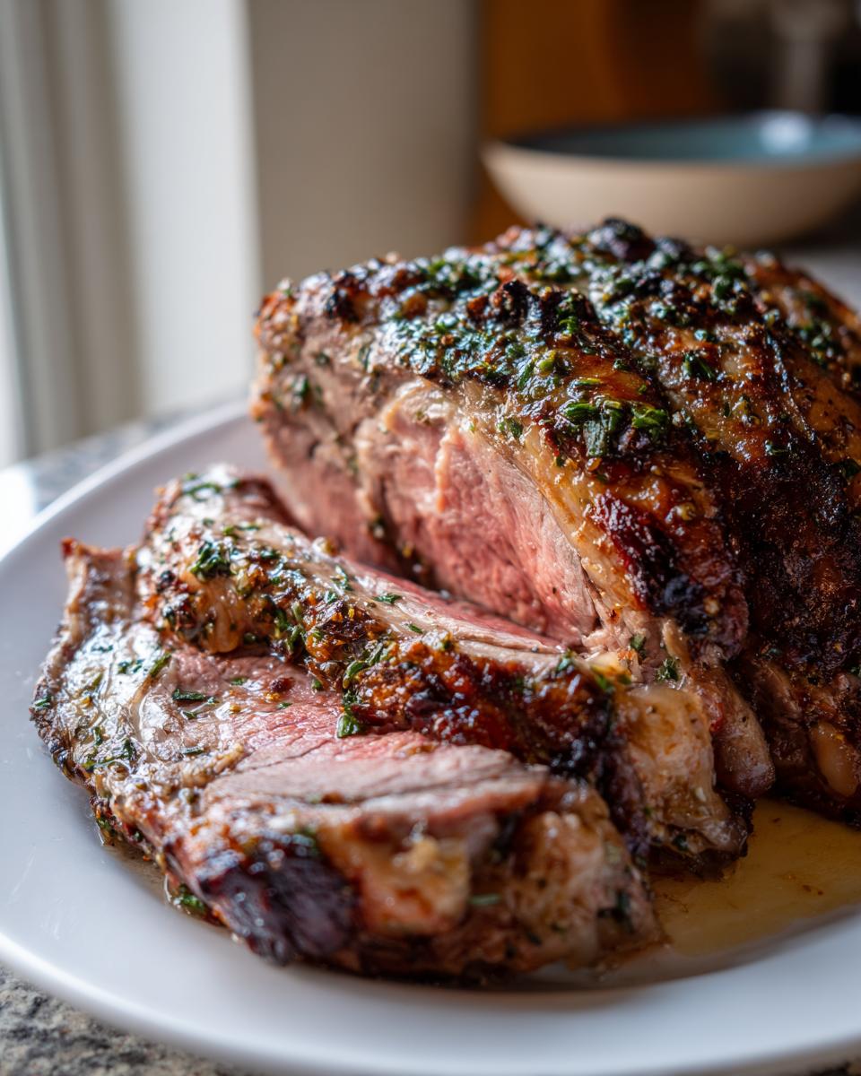 Close-up of a juicy standing rib roast, perfectly medium-rare, sliced and covered in herb crust.
