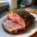 Close-up of a medium-rare standing rib roast, sliced to show pink interior and herb crust.