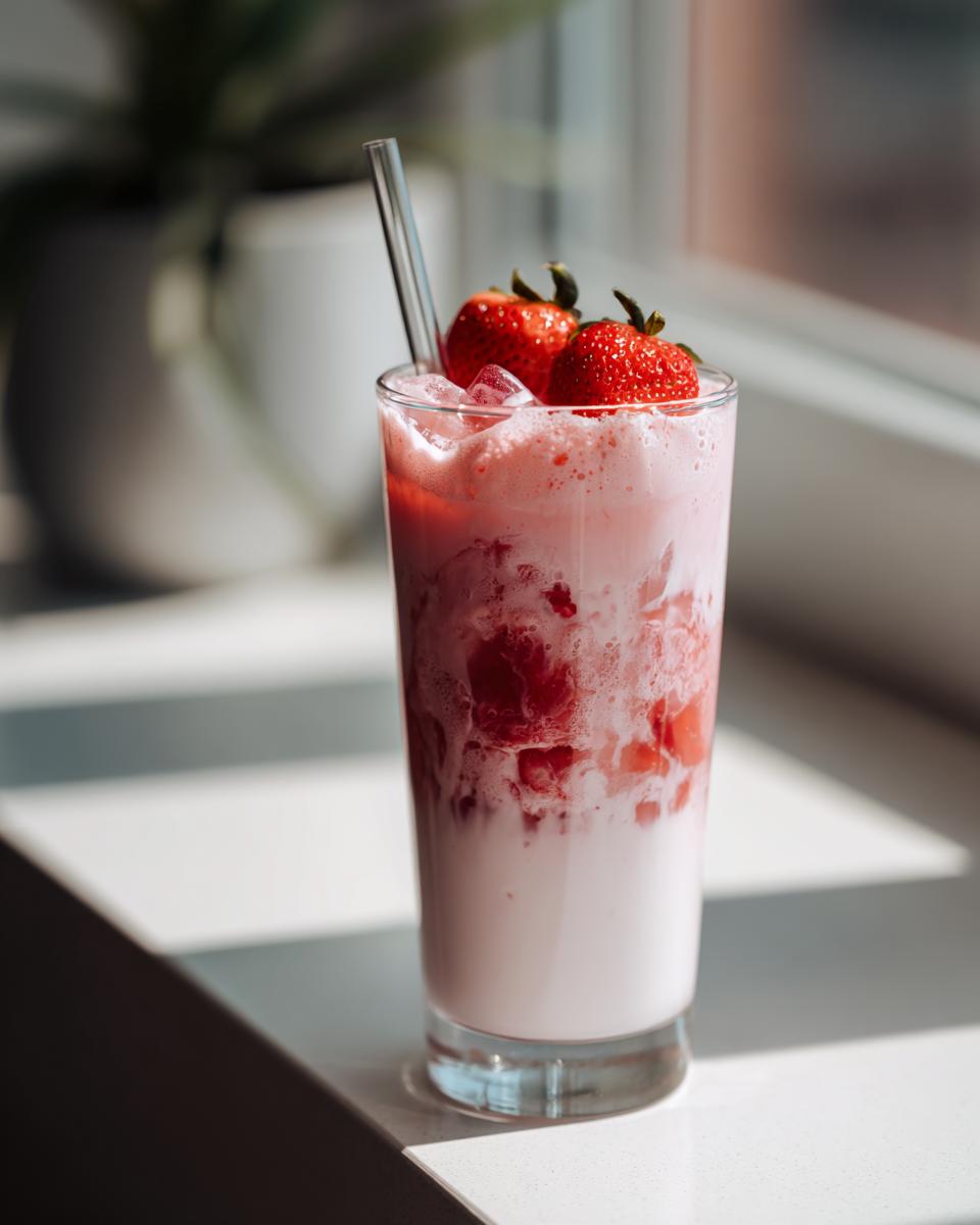 A tall glass filled with homemade strawberry milk, ice, and topped with fresh strawberries.
