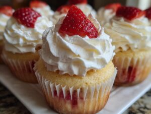 Close-up of a freshly baked strawberry shortcake cupcake topped with whipped cream and a fresh strawberry slice.