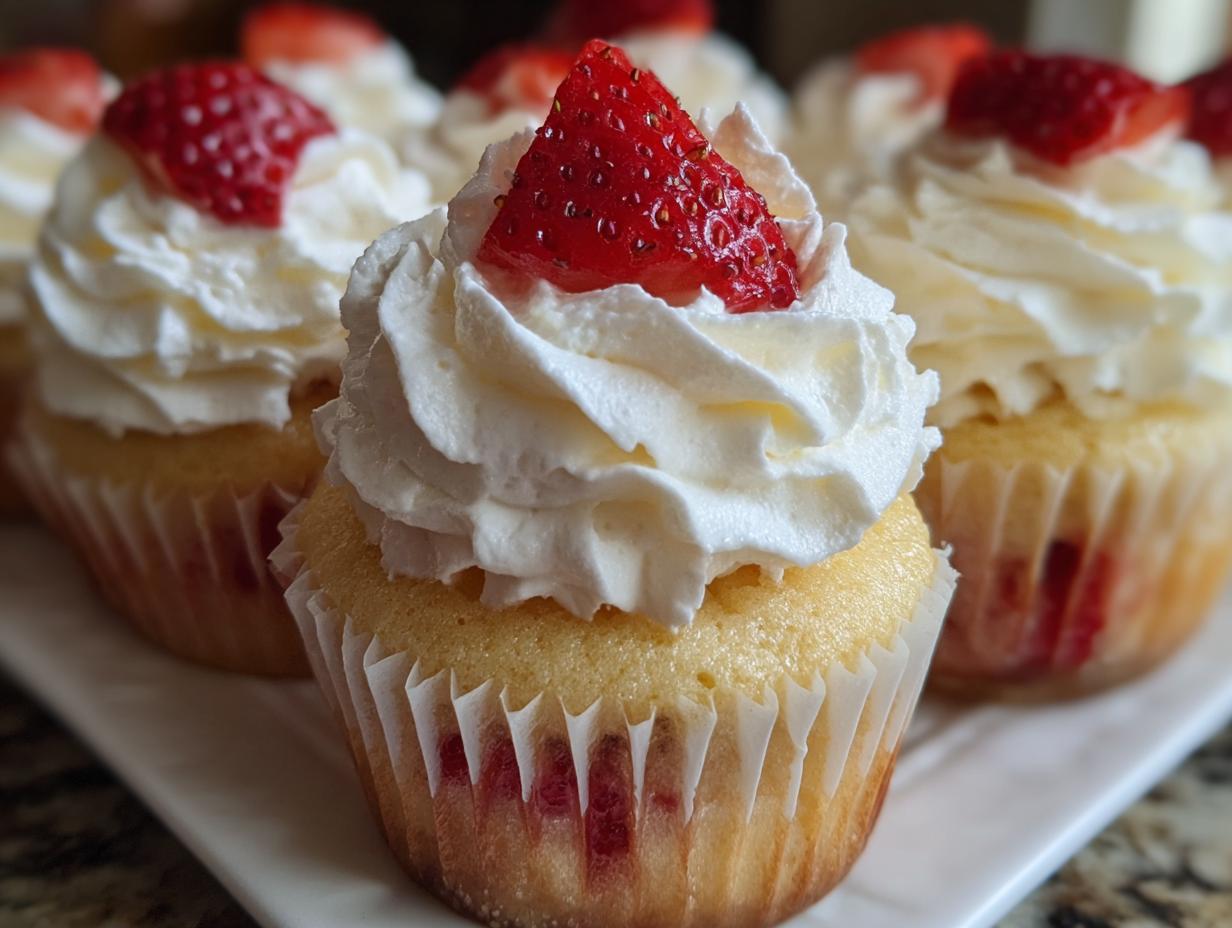 Close-up of a freshly baked strawberry shortcake cupcake topped with whipped cream and a fresh strawberry slice.