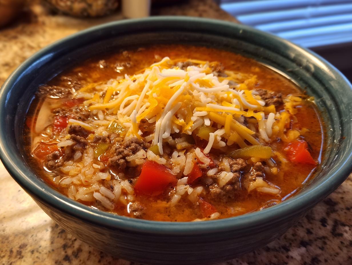 A close-up of a bowl of amazing stuffed pepper soup, featuring ground beef, rice, peppers, and topped with shredded cheddar and Monterey Jack cheese.