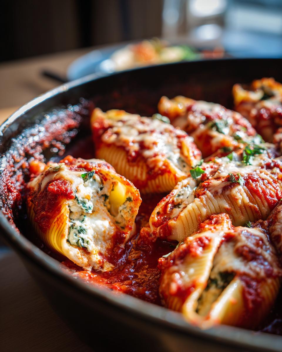 Close-up of baked stuffed shells overflowing with ricotta cheese and spinach, covered in marinara sauce and melted mozzarella.