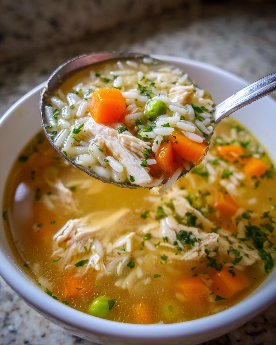A ladle lifting a scoop of rich turkey soup filled with shredded turkey, rice, carrots, and peas.