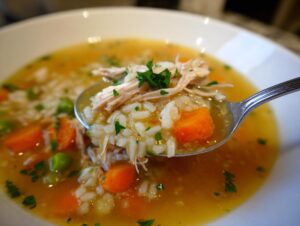 A spoonful of amazing 30-minute turkey soup showing shredded meat, rice, carrots, and peas in rich broth.