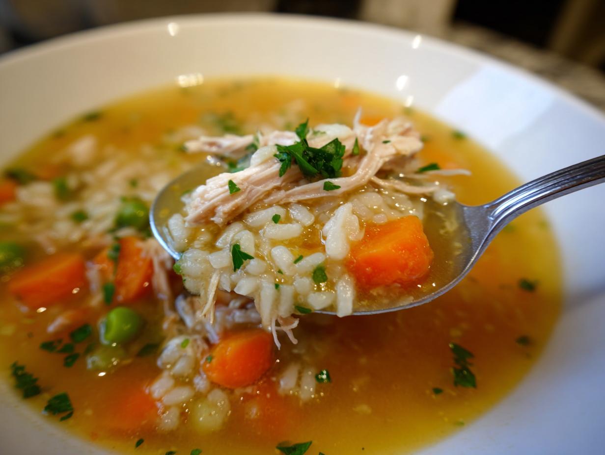 A spoonful of amazing 30-minute turkey soup showing shredded meat, rice, carrots, and peas in rich broth.