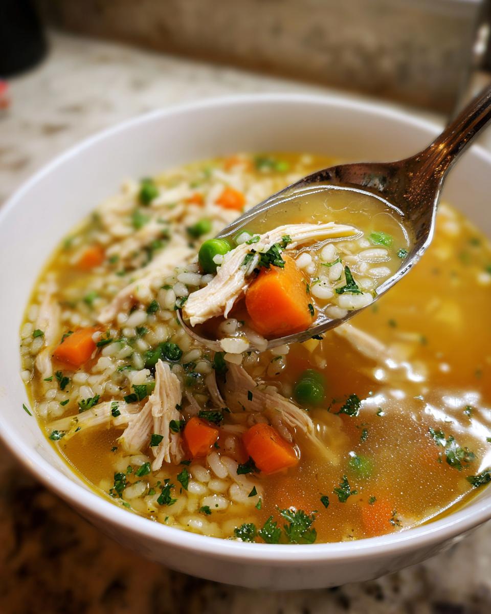 A spoonful of rich turkey soup showing shredded turkey, rice, carrots, and peas being lifted from a white bowl.