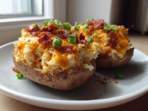 Two amazing twice baked potatoes loaded with melted cheddar cheese, bacon bits, and green onions on a white plate.