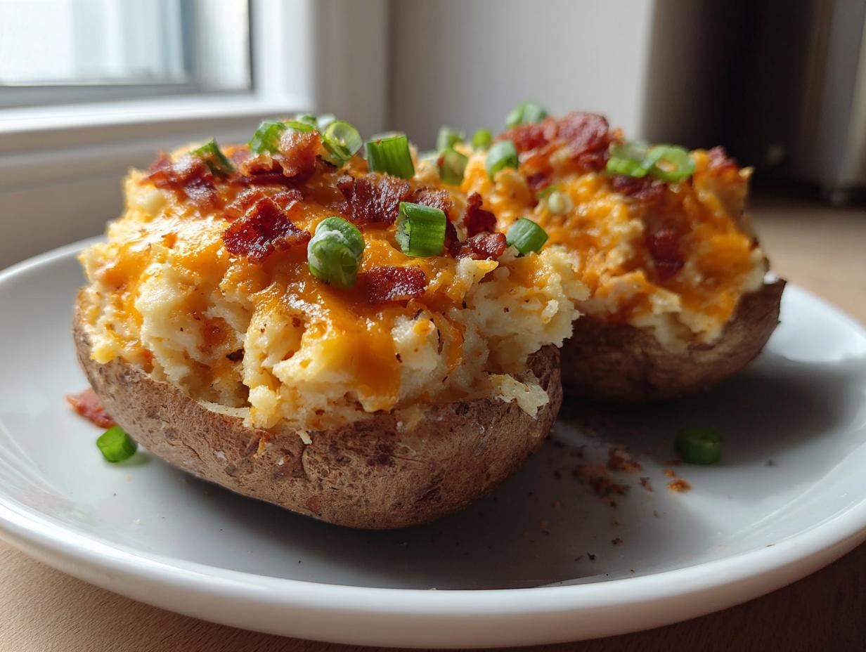 Two amazing twice baked potatoes loaded with melted cheddar cheese, bacon bits, and green onions on a white plate.