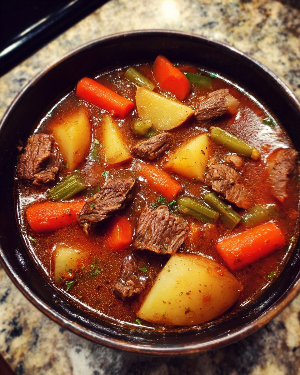 Close-up of a dark bowl filled with rich vegetable beef soup featuring chunks of beef, carrots, potatoes, and celery.