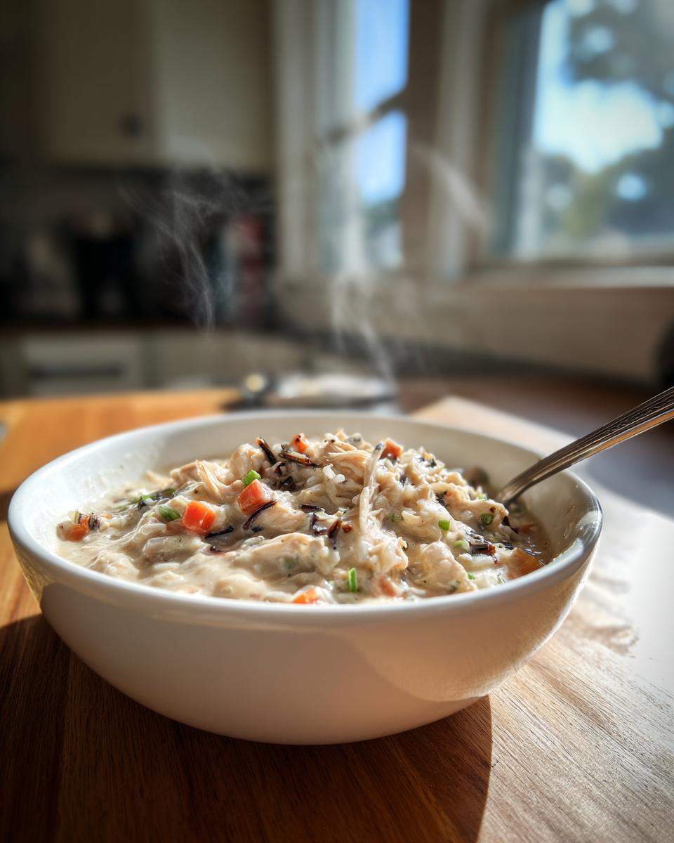 Close-up of a steaming white bowl filled with creamy wild rice soup containing shredded chicken and diced carrots.