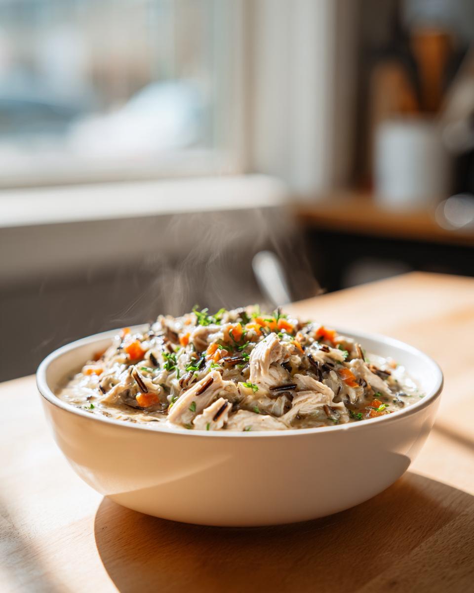 A steaming white bowl filled with creamy wild rice soup, shredded chicken, and diced carrots, set on a sunlit wooden counter.