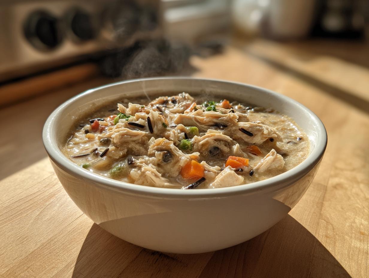 A close-up of a steaming white bowl filled with creamy amazing wild rice soup, featuring shredded chicken and carrots.