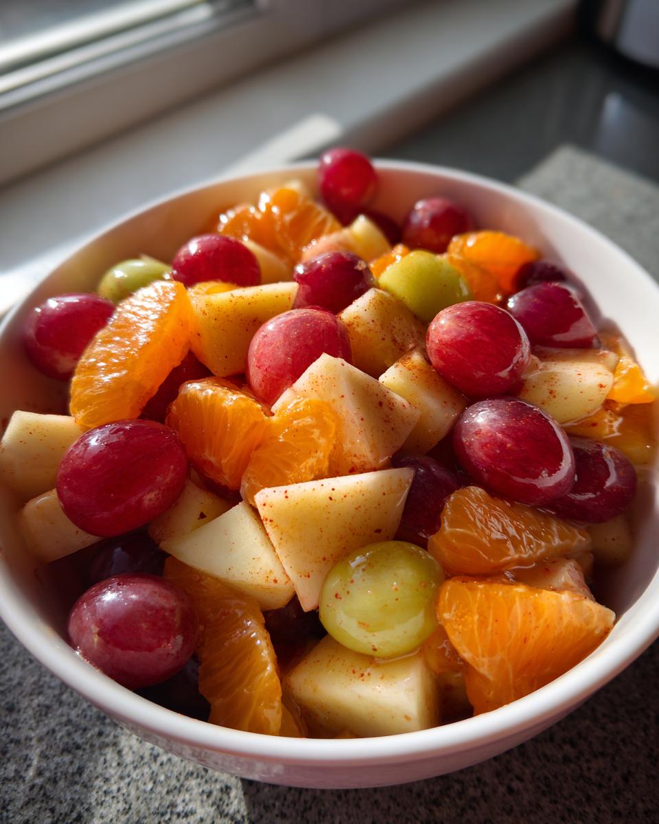 Close-up of a white bowl filled with amazing winter fruit salad featuring grapes, orange segments, and diced apples sprinkled with spice.