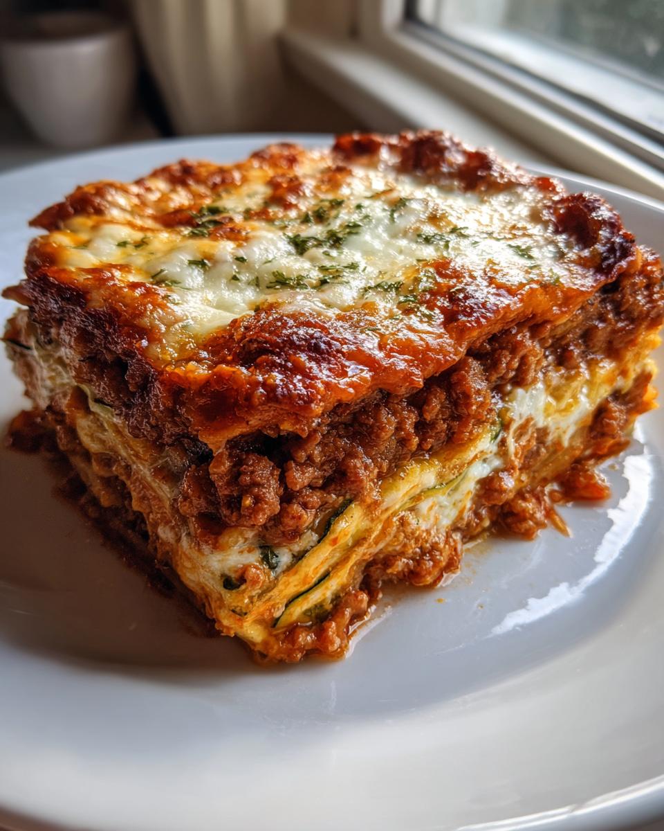 A thick, layered slice of zucchini lasagna with rich meat sauce and melted cheese topping.