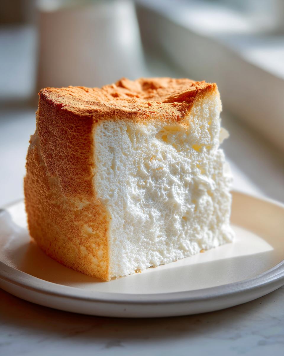 Close-up of a fluffy, white slice of angel food cake with a golden-brown crust.