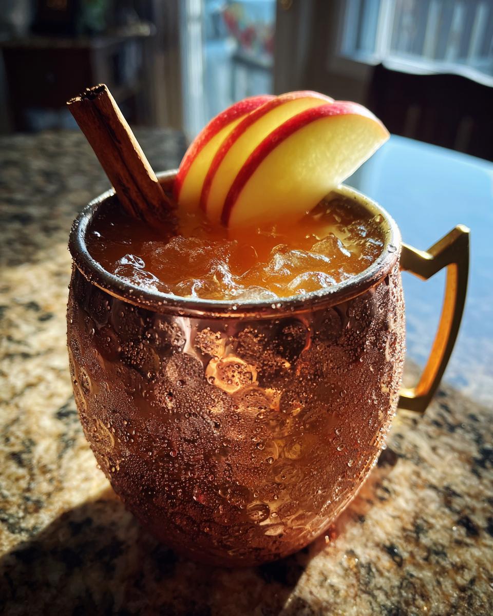 A frosty copper mug filled with a cold apple cider moscow mule, garnished with apple slices and a cinnamon stick.