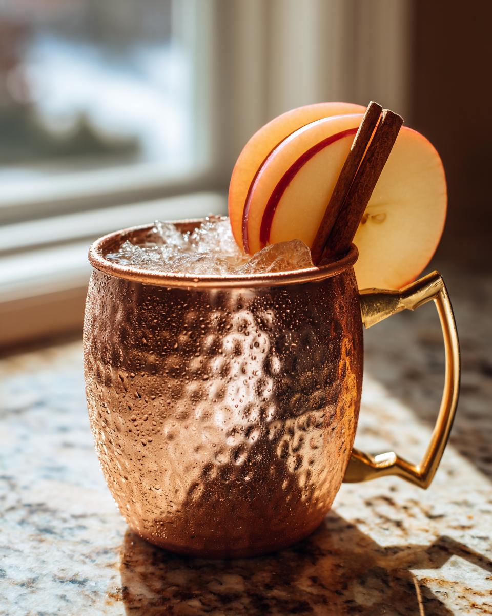 A refreshing apple cider moscow mule served over crushed ice in a condensation-covered copper mug, garnished with apple slices and cinnamon sticks.