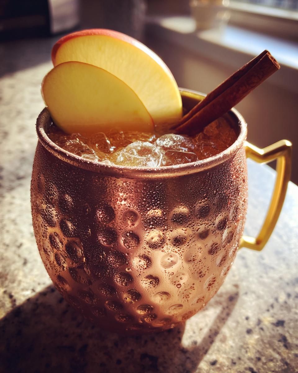 A frosty copper mug filled with an apple cider moscow mule, garnished with apple slices and a cinnamon stick.