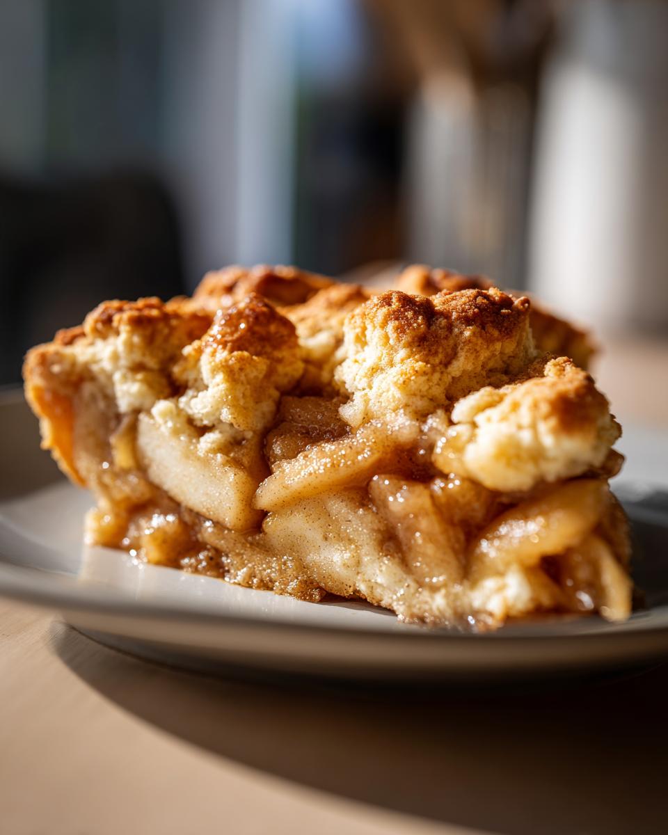 A close-up, sunlit slice of apple cobbler showing caramelized apples and a crumbly topping.