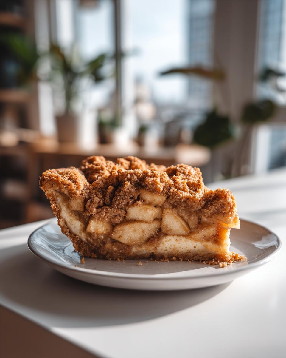A close-up of a generous slice of apple pie cheesecake with a thick apple layer and crumb topping.