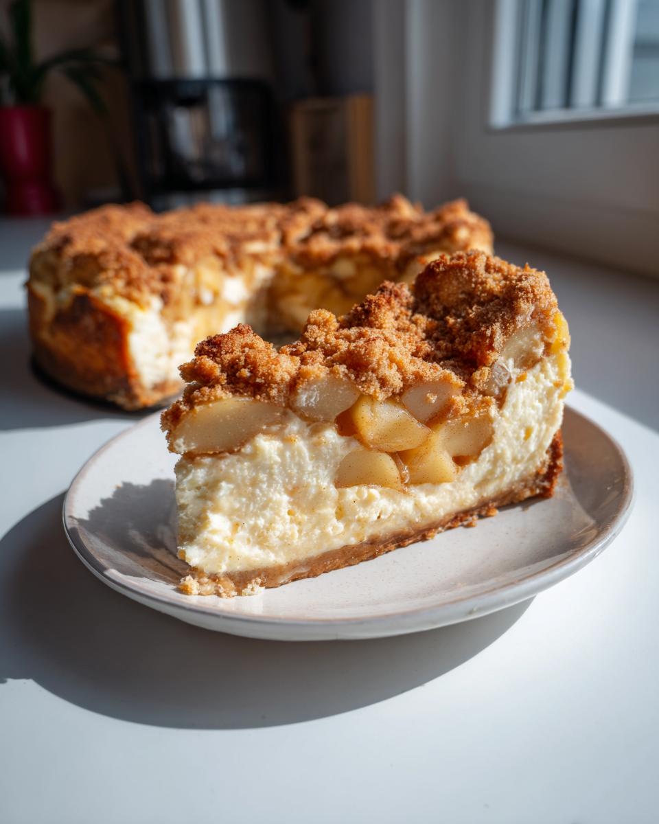 A decadent slice of apple pie cheesecake featuring creamy filling, spiced apple chunks, and a thick crumble topping.