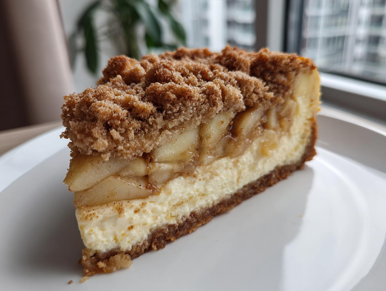 A decadent slice of apple pie cheesecake featuring a graham cracker crust, creamy filling, spiced apples, and a thick crumble topping.