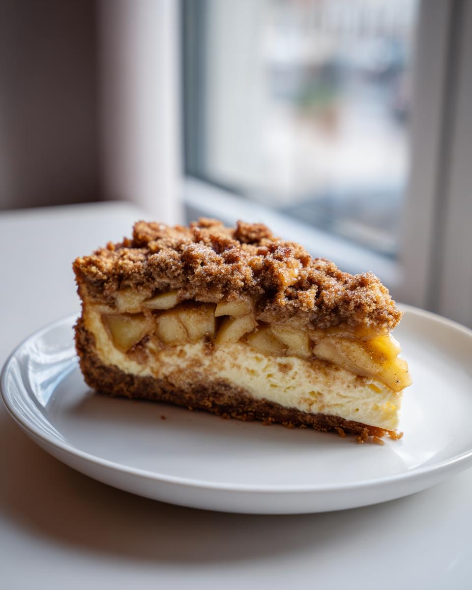 A perfect slice of apple pie cheesecake featuring a creamy layer, spiced apples, and a crunchy streusel topping.
