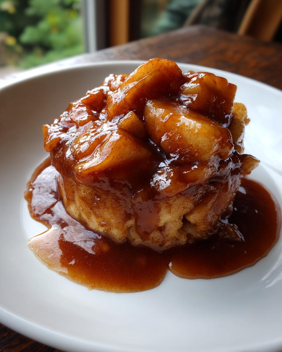 Close-up of a serving of rich, spiced apple pie filling recipe topped with thick caramel sauce on a white plate.