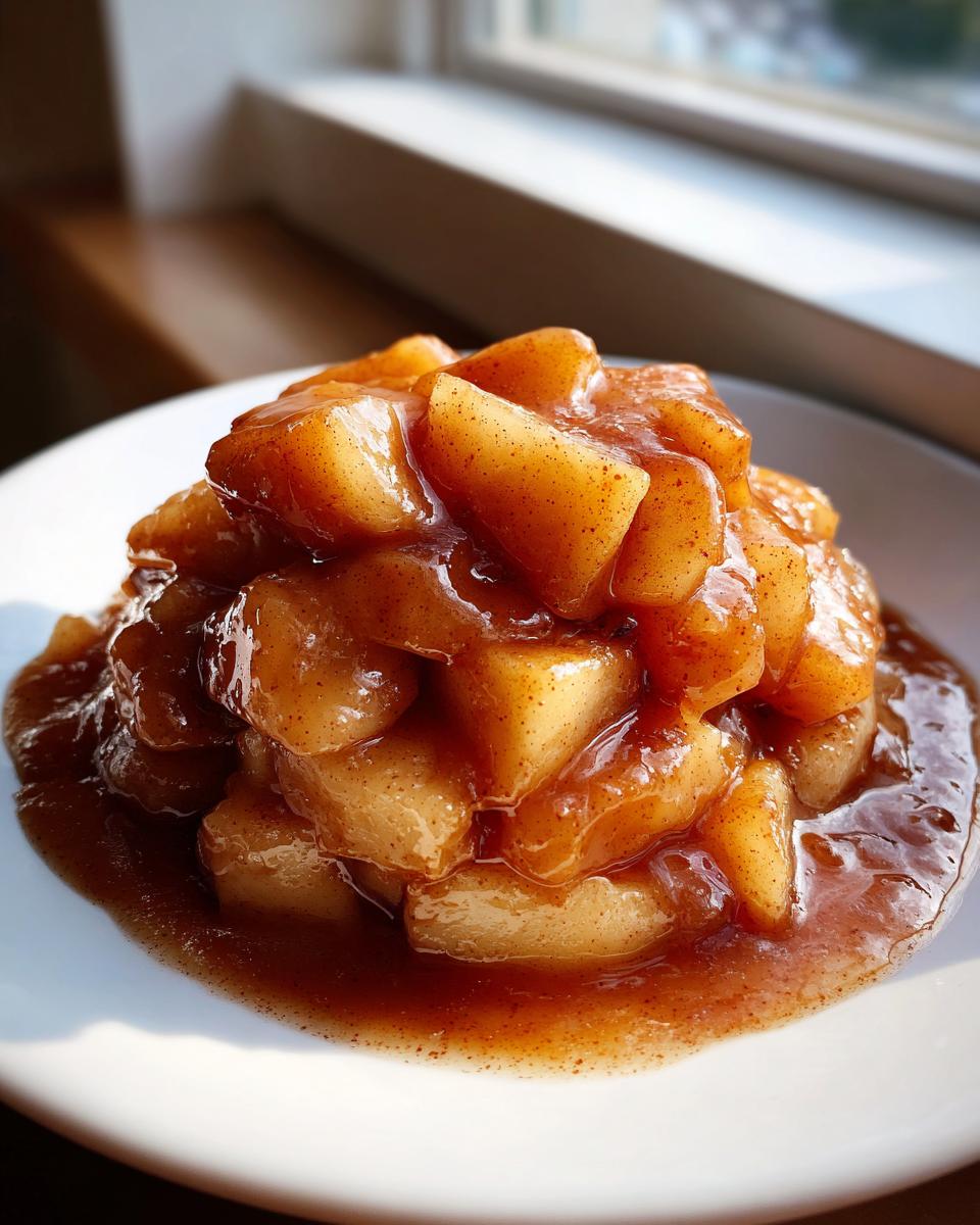 A close-up of thick, saucy apple pie filling recipe chunks coated in cinnamon glaze on a white plate.