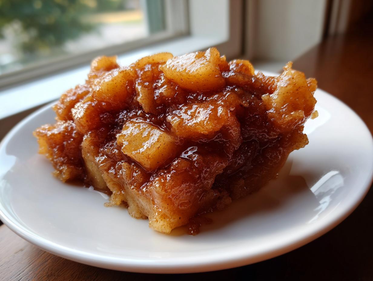 Close-up of a serving of thick, glossy apple pie filling recipe, rich with cinnamon and spices, on a white plate.