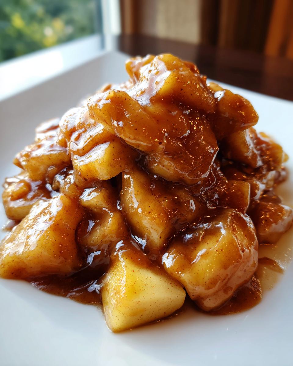 Close-up of chunky, caramelized apple pie filling recipe coated in a thick, spiced brown sauce on a white plate.