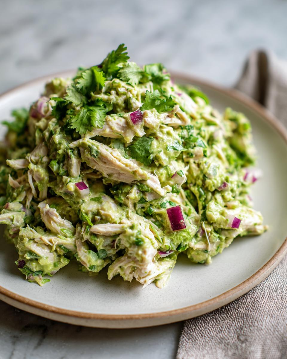 A mound of creamy avocado chicken salad mixed with shredded chicken, red onion, and topped with fresh cilantro.