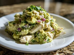 A mound of creamy avocado chicken salad mixed with chunks of avocado and red onion, garnished with cilantro, served on a white plate.