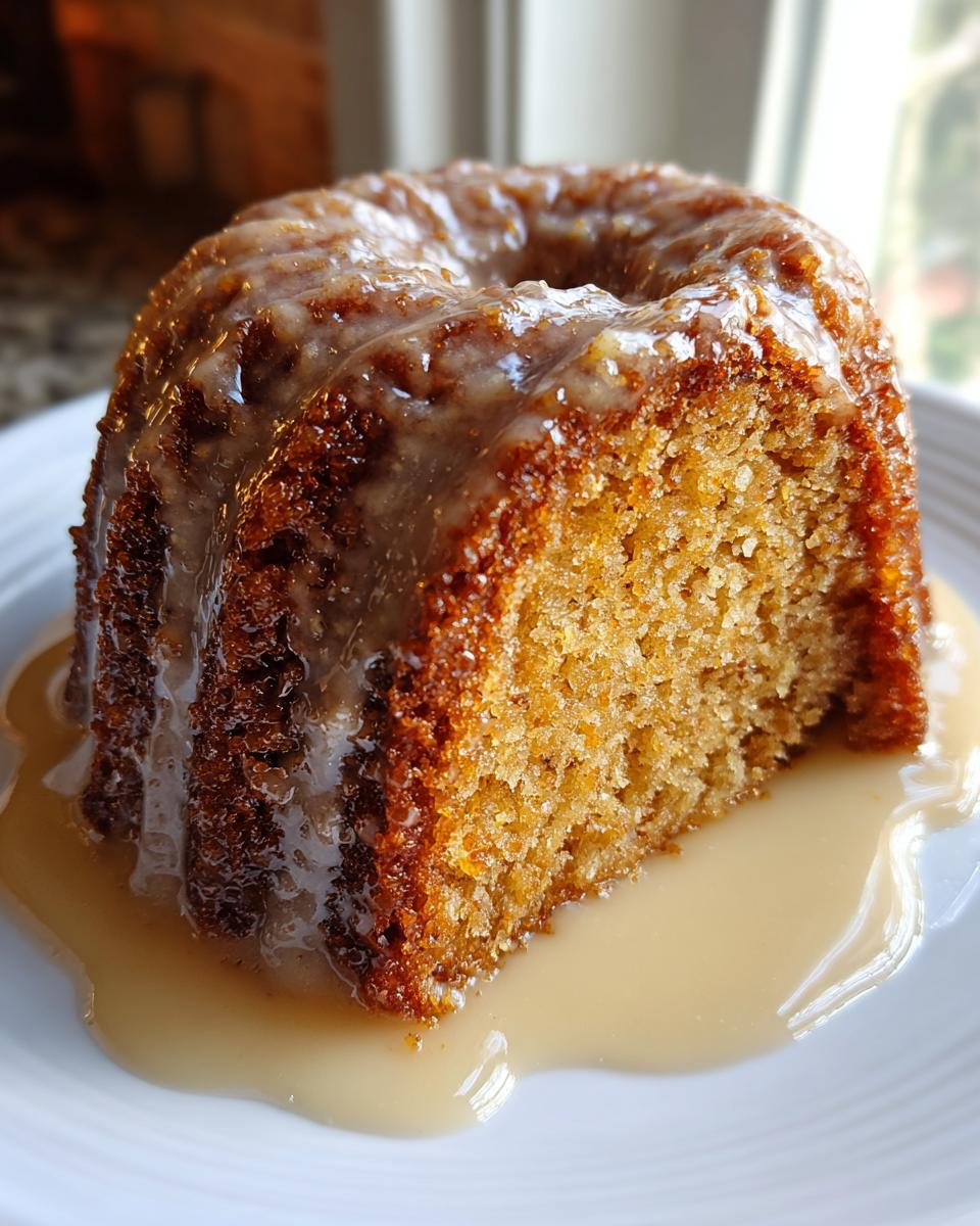 A close-up of a slice of moist Bacardi Rum Cake, drizzled with a light glaze and sitting in extra sauce on a white plate.
