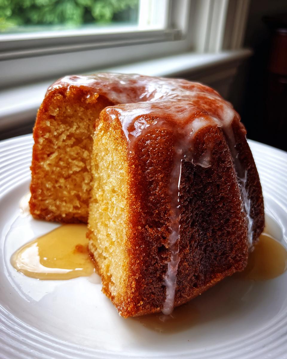 A slice of rich, golden Bacardi rum cake drizzled with a white glaze, sitting on a white plate.