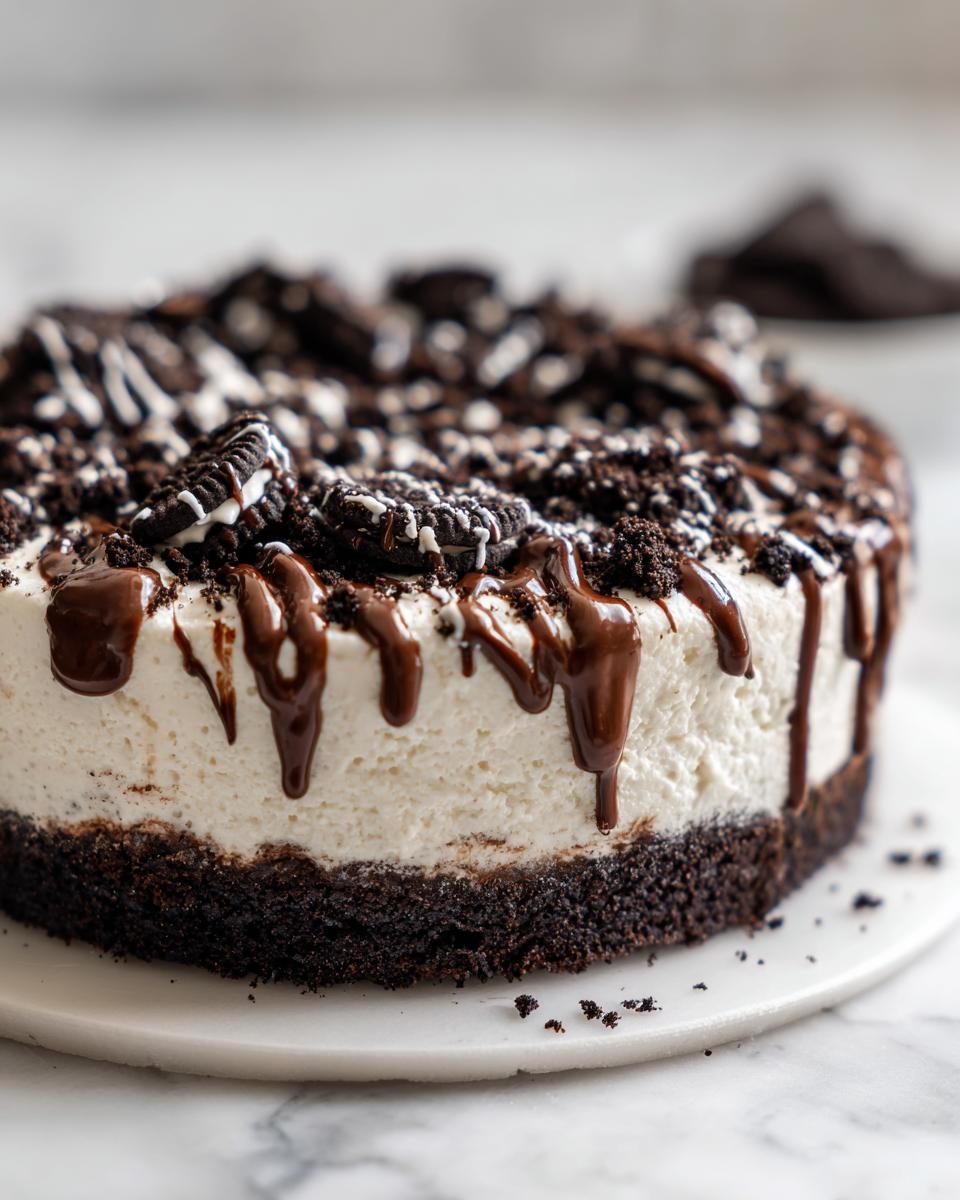 Close-up of a rich, no-bake Baileys Chocolate Cheesecake Trifle topped with Oreo crumbs and chocolate drizzle.