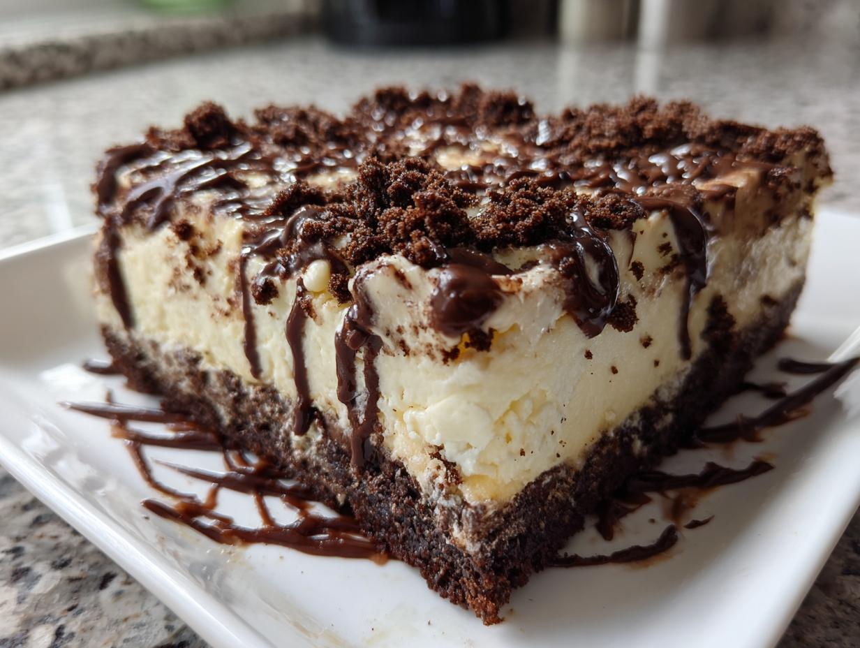 Close-up of a rich slice of Baileys Chocolate Cheesecake Trifle with creamy filling and chocolate drizzle.