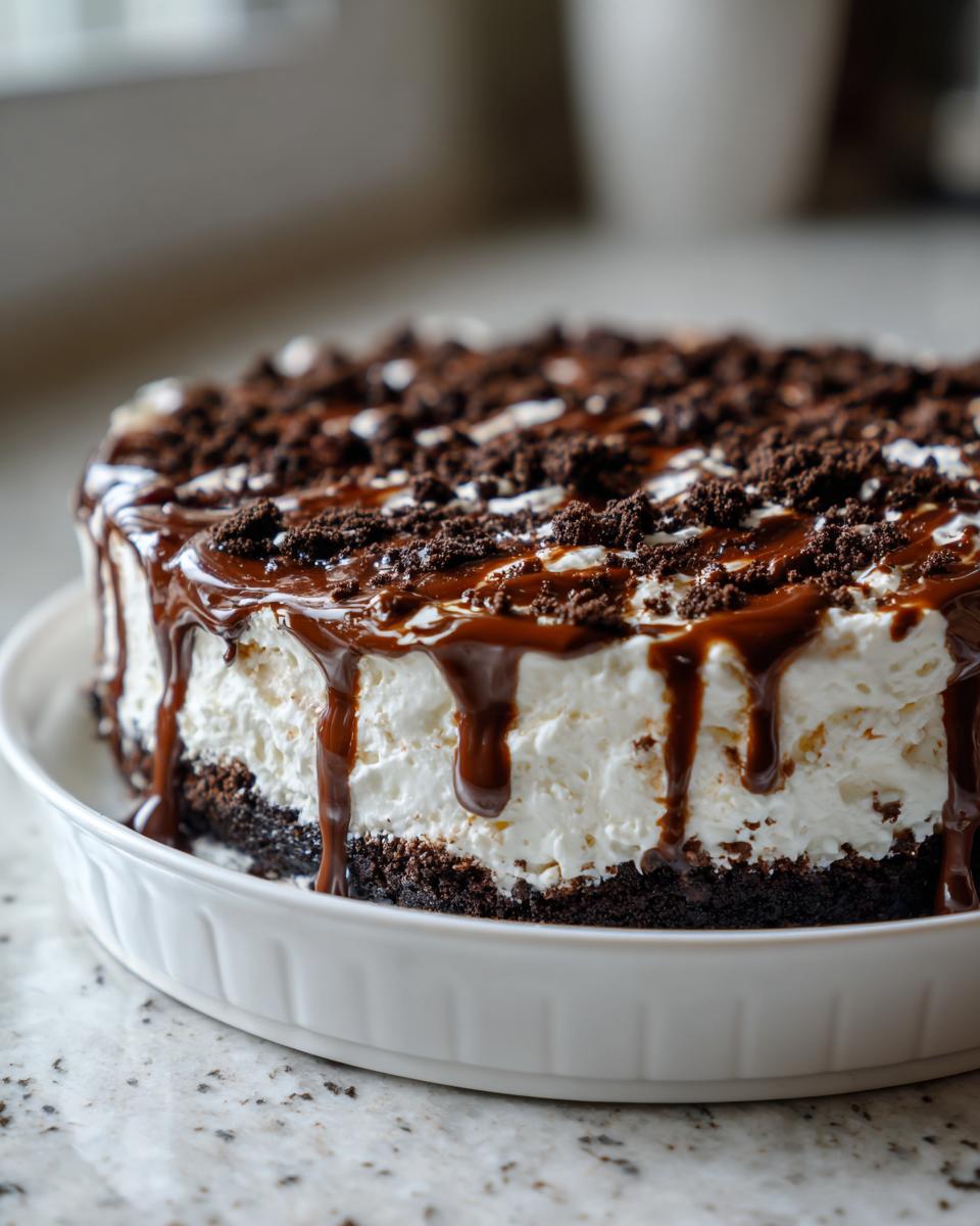 A rich Baileys Chocolate Cheesecake Trifle with a thick chocolate crust, creamy white filling, and chocolate drizzle.