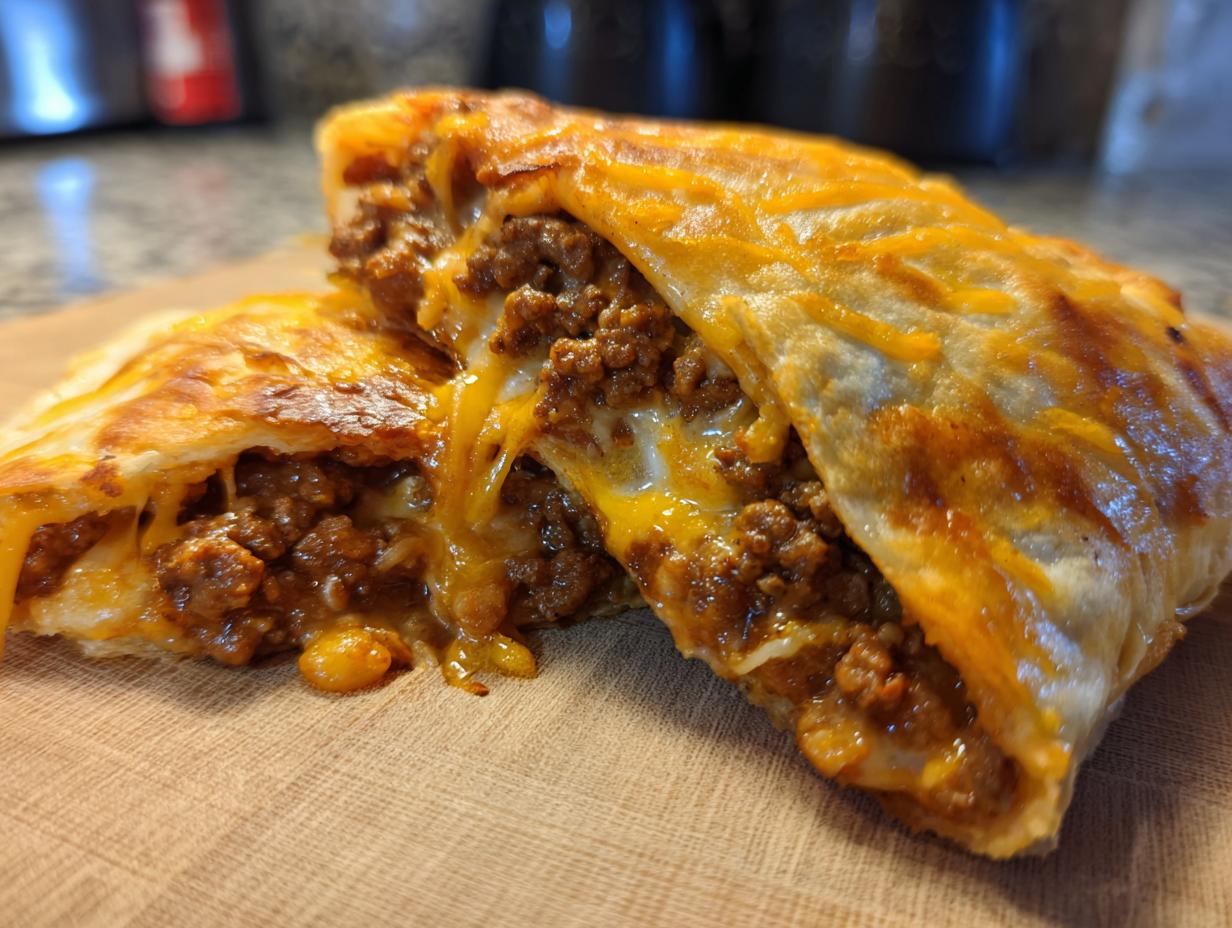 Close-up of baked cheesy pocket tacos cut in half, showing melted cheese oozing out with seasoned ground beef filling.