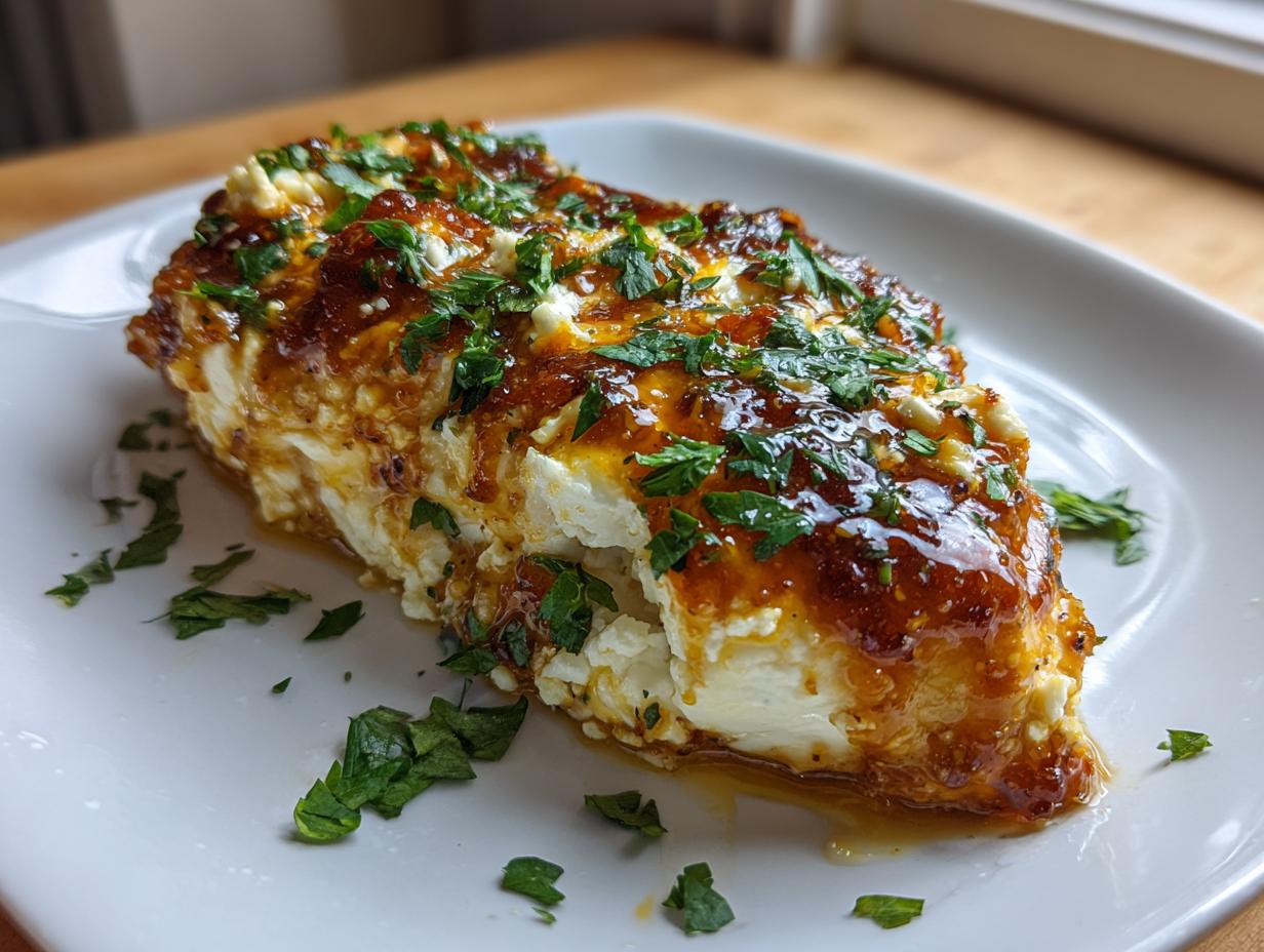 A close-up of baked feta cheese covered in glistening hot honey and fresh parsley, part of the hot honey feta chicken recipe.